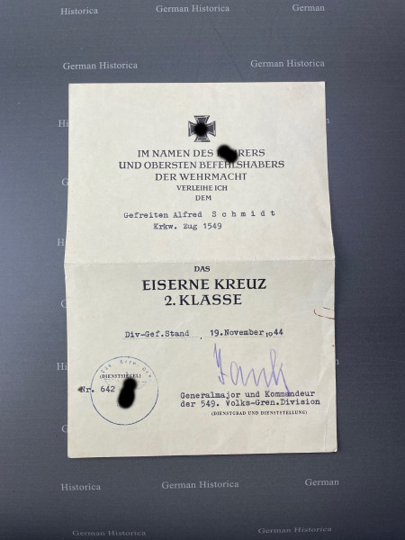 Eisernes Kreuz II. Klasse 1939 Urkunde Ostreußen/ Oderfront