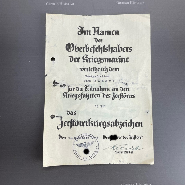 Urkunden Kriegsmarine Zerstörerabzeichen Z 31