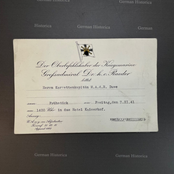 Kriegsmarine Erich Raeder Einladungskarte zum Essen