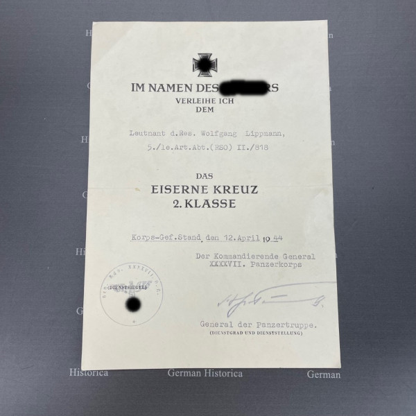Eisernes Kreuz II. Klasse 1939 Urkunde