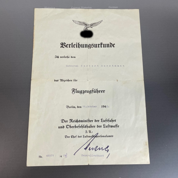 Urkunde Flugzeugführer Abzeichen 1940
